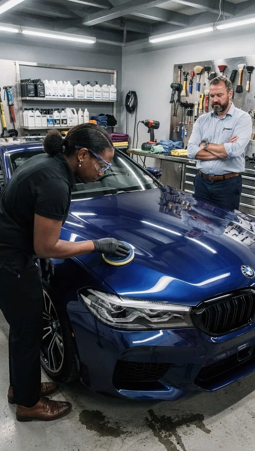 Expert technician performing detailed interior cleaning on a premium vehicle inside a state-of-the-art auto garage.
