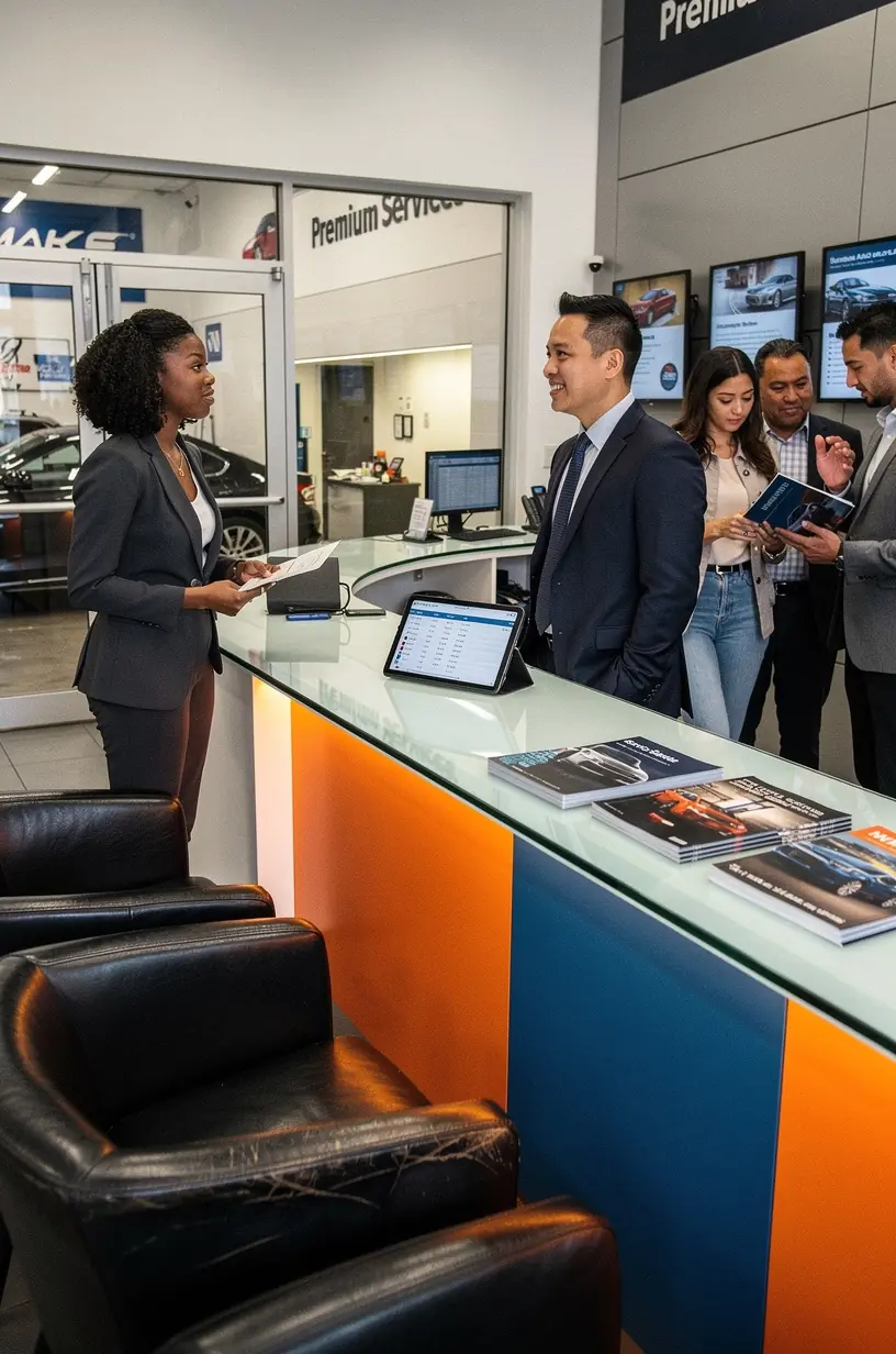 Customer receiving transparent service consultation from a garage specialist next to a luxury sedan at a premium auto service center.